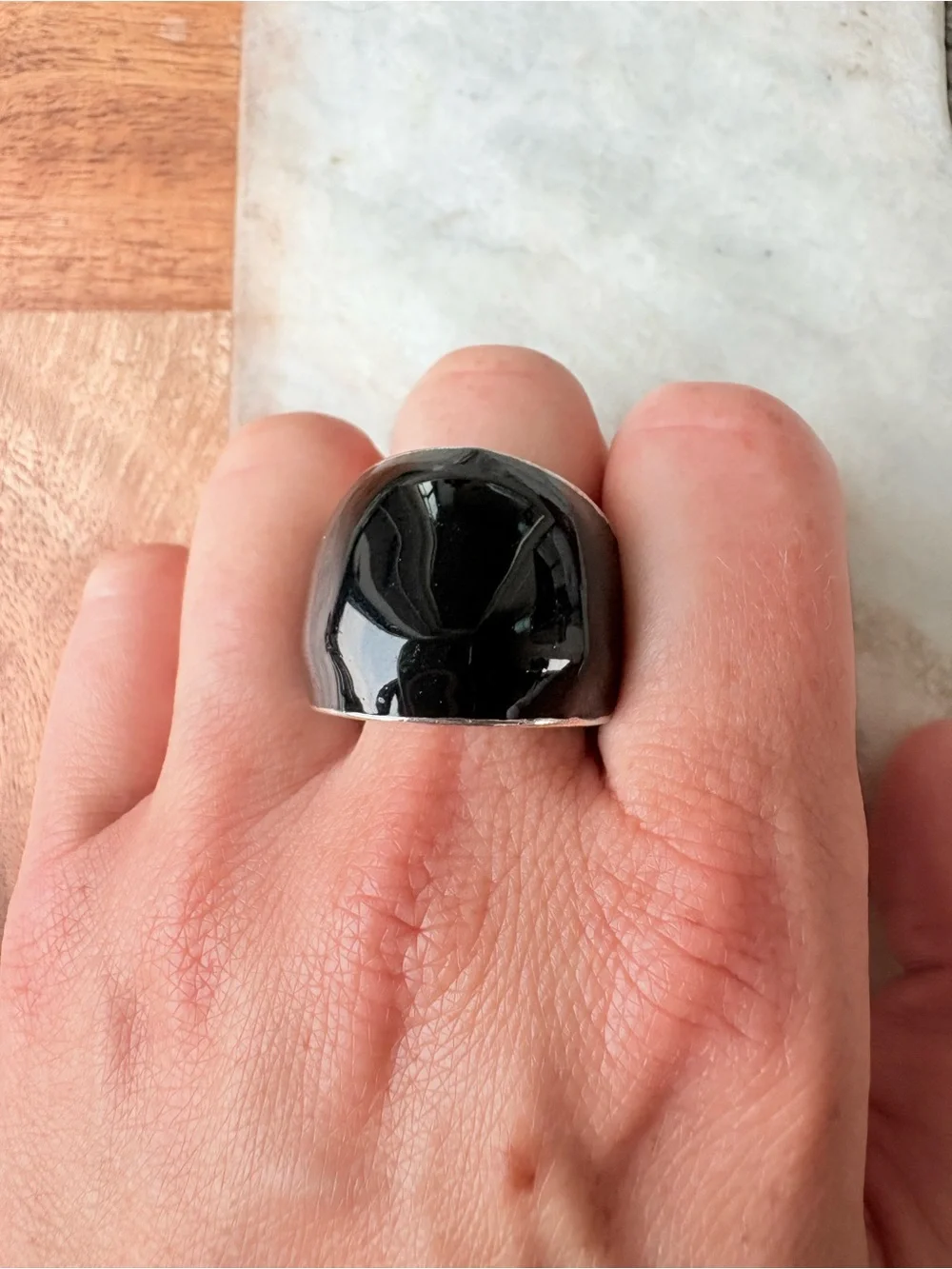 Vintage Black Cocktail Ring with Clear Stone Accents - Size 6 w/ Adjustable Band